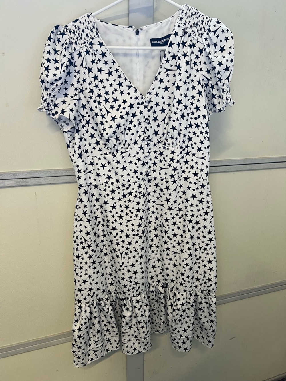 Karl Lagerfeld White Dress with Black Star Print and Puff Sleeves